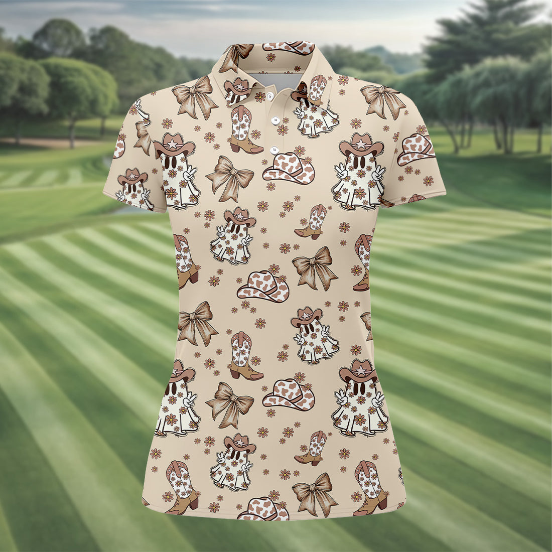 Coquette Halloween Cowboy Ghost Fun Womens Golf Shirts, Ladies Sleeveless Polo, Ladies Golf Shirts