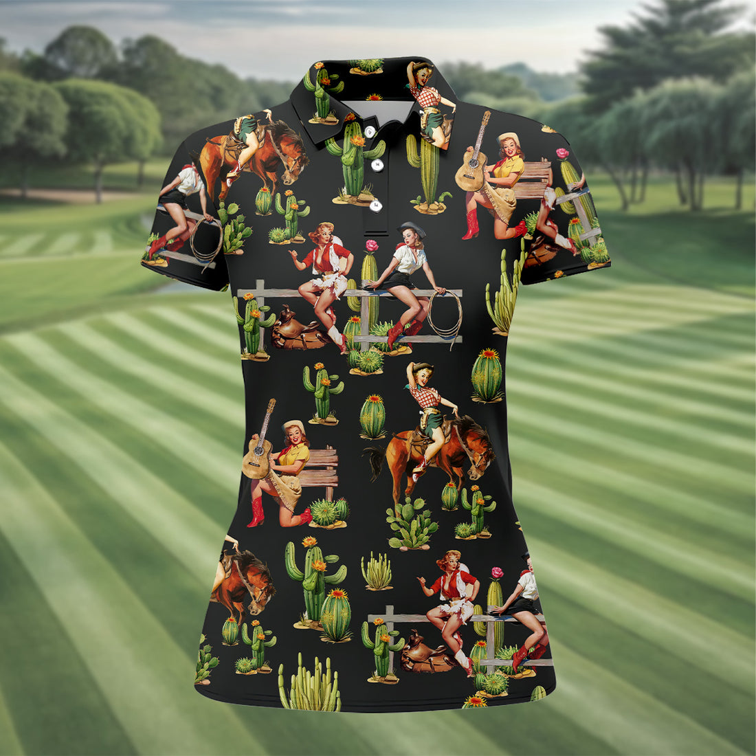 Vintage Cowgirl Black Women's Golf Polo, Western Rodeo Women Golf Top, Cute Golf Outfit, Golfing Apparel