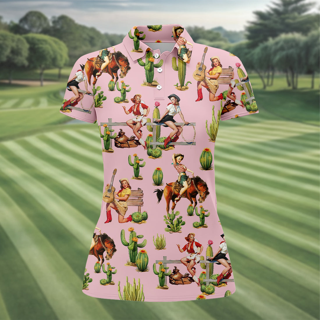 Vintage Cowgirl Pink Women's Golf Polo, Western Rodeo Women Golf Top, Cute Golf Outfit, Golfing Apparel