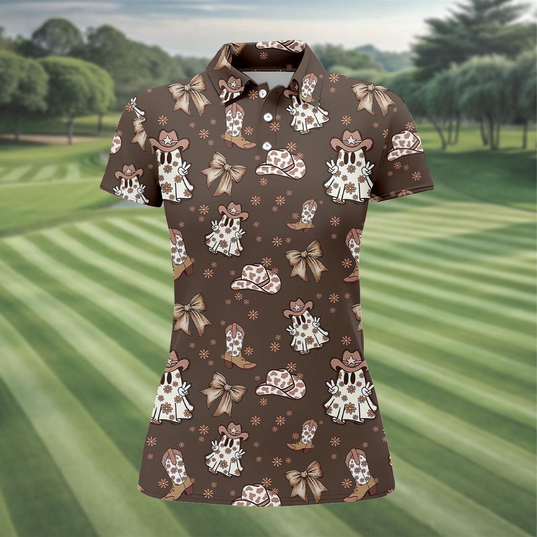 Coquette Halloween Cowboy Ghost Brown Fun Womens Golf Shirts, Ladies Sleeveless Polo, Ladies Golf Shirts