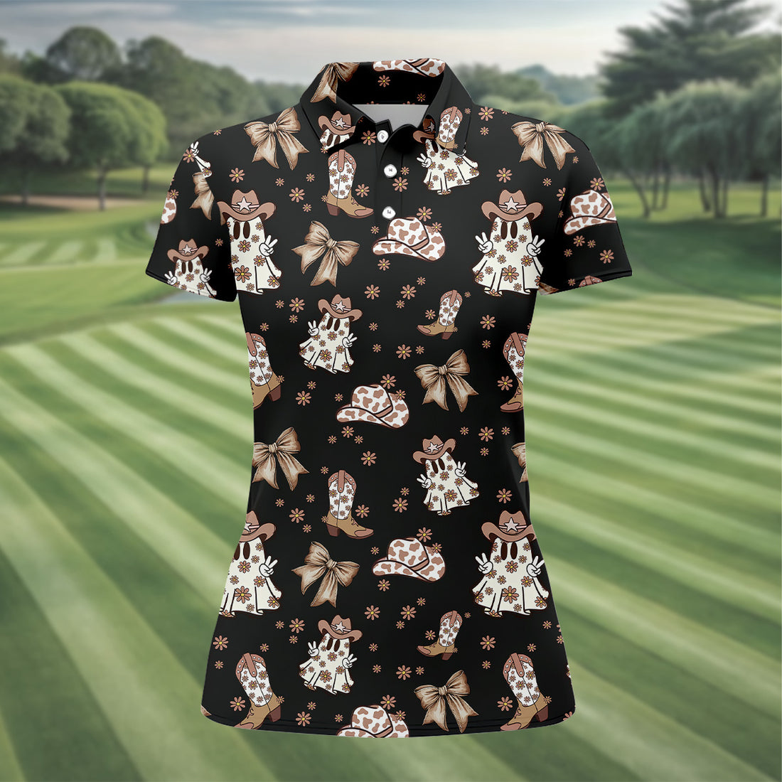 Coquette Halloween Cowboy Ghost Black Fun Womens Golf Shirts, Ladies Sleeveless Polo, Ladies Golf Shirts