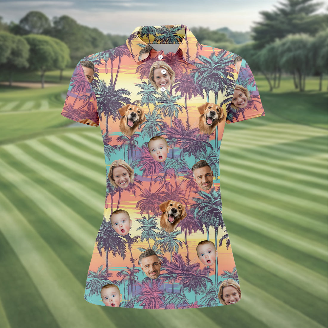 Ladies Palm Tree Shirt, Seamless Pattern, Hawaiian Shirts With Faces, Womens Sleeveless Polo, Ladies Golf Shirts