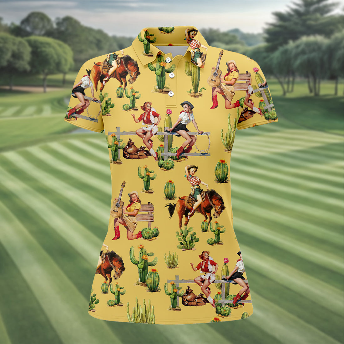 Vintage Cowgirl Yellow Women's Golf Polo, Western Rodeo Women Golf Top, Cute Golf Outfit, Golfing Apparel