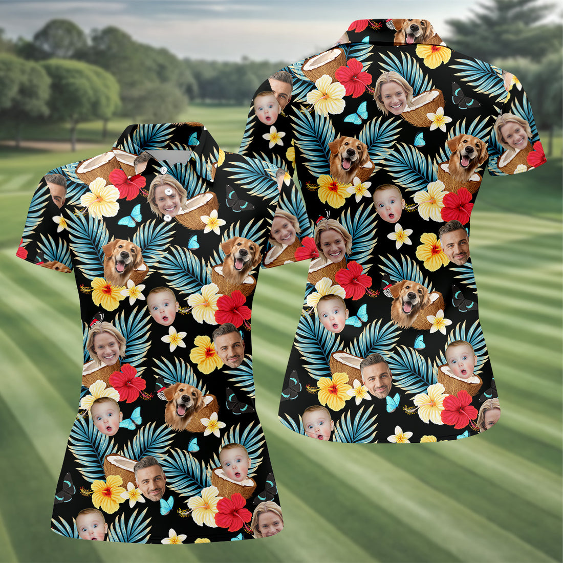 Red And Yellow Hibiscus, Womens Black Golf Shirt, Custom Face Shirt, Ladies Floral Shirt, Ladies Golf Polos