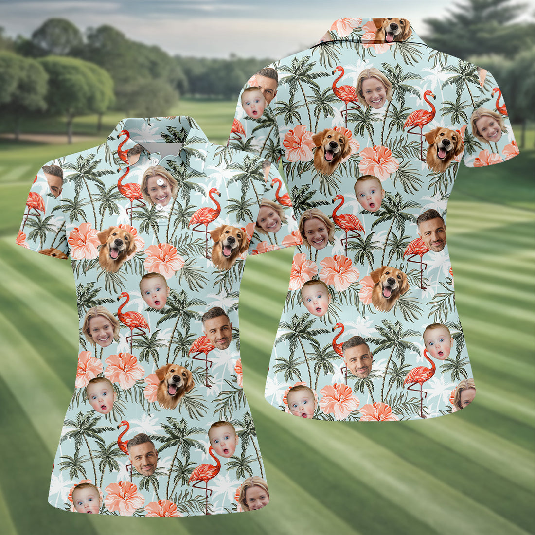 Flamingo Hawaiian Shirt, Green And Red, Custom Face Shirt, Ladies Floral Shirt, Ladies Golf Polos