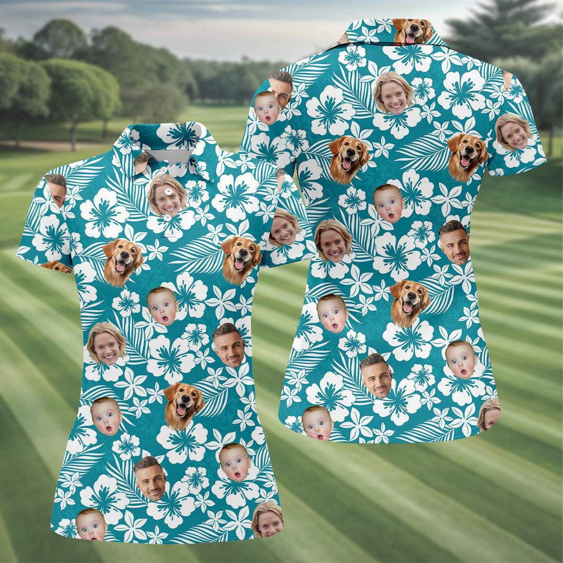 Teal Color Shirt, White Hibiscus Floral Golf Shirt, Custom Face Shirt, Ladies Long Sleeve Golf Shirts, Ladies Golf Polos