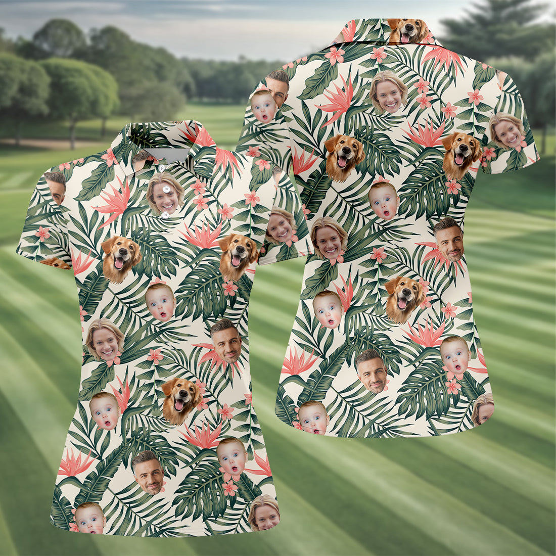 Tropical Floral Pattern Custom Hawaiian Shirts With Face, Womens Hawaiian Golf Shirts, Ladies Golf Shirts