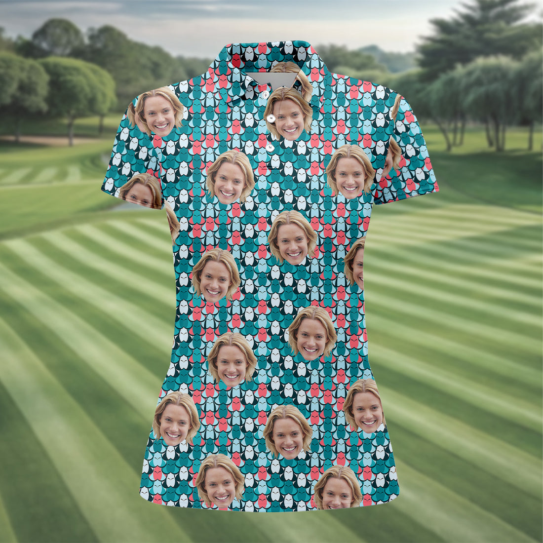 Custom Face Green And Pink Fun Women Golf Shirt, Ladies Sleeveless Polo, Golfing Apparel