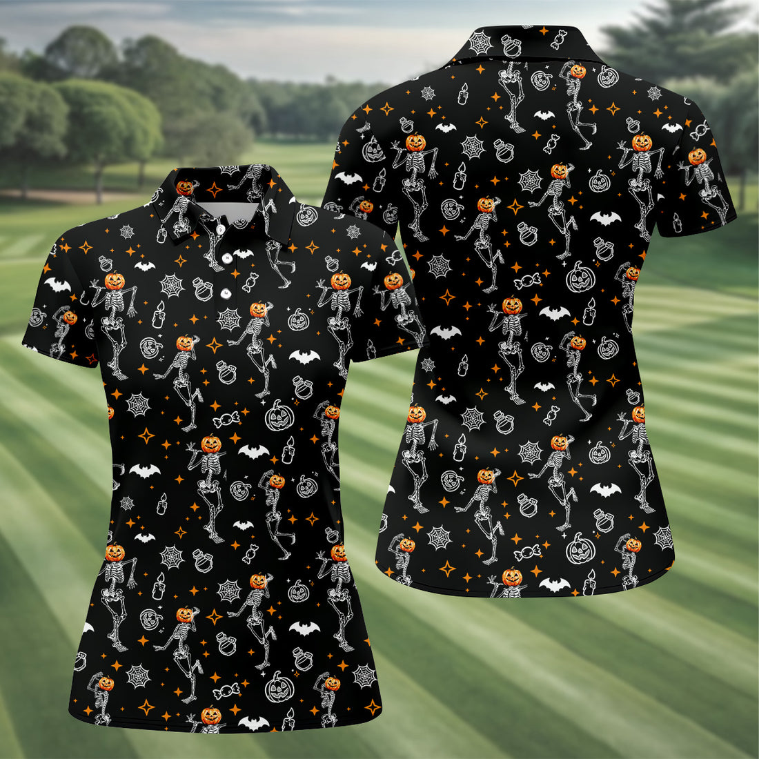 Skeleton Black Golf Shirt, Halloween Golf Shirt, Fun Golf Polos, Sleeveless Womens Golf Shirts, Ladies Golf Shirts