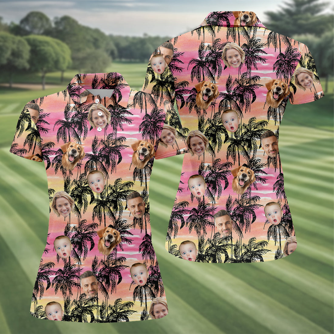 Beach Pink Sunset Hawaiian Shirts With Faces, Custom Team Shirt, Womens Hawaiian Golf Shirts, Ladies Golf Shirts