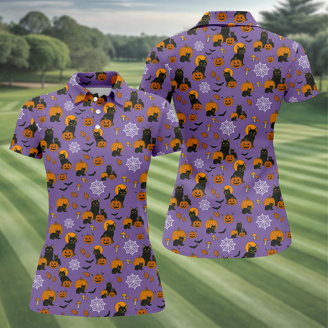 Halloween Cat Pumpkin Purple Golf Shirt, Sleeveless Polo Shirt, Ladies Golf Shirts, Golf Hoodie