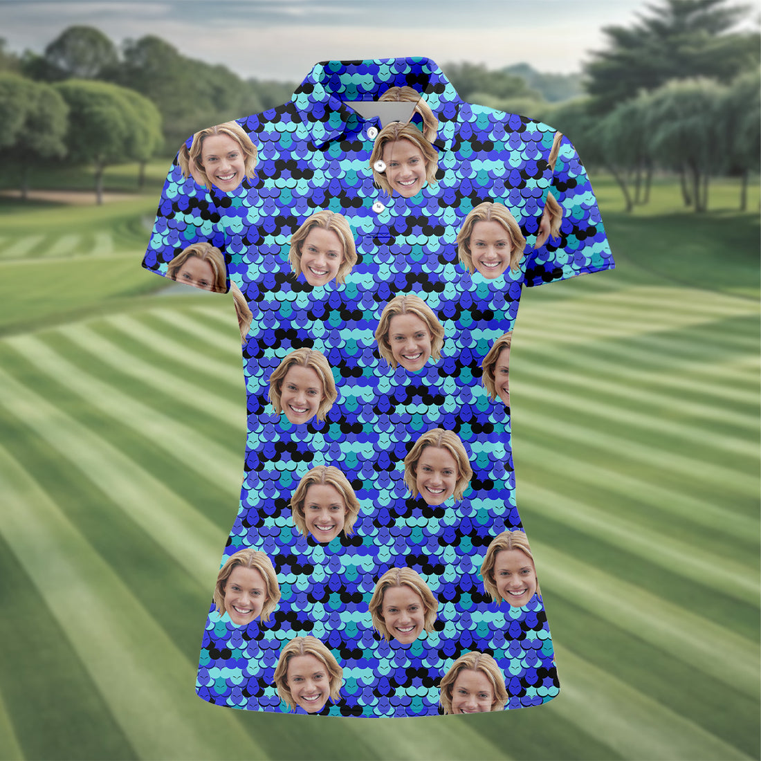 Custom Face Blue Fun Women's Golf Shirts, Ladies Sleeveless Polo, Golfing Apparel