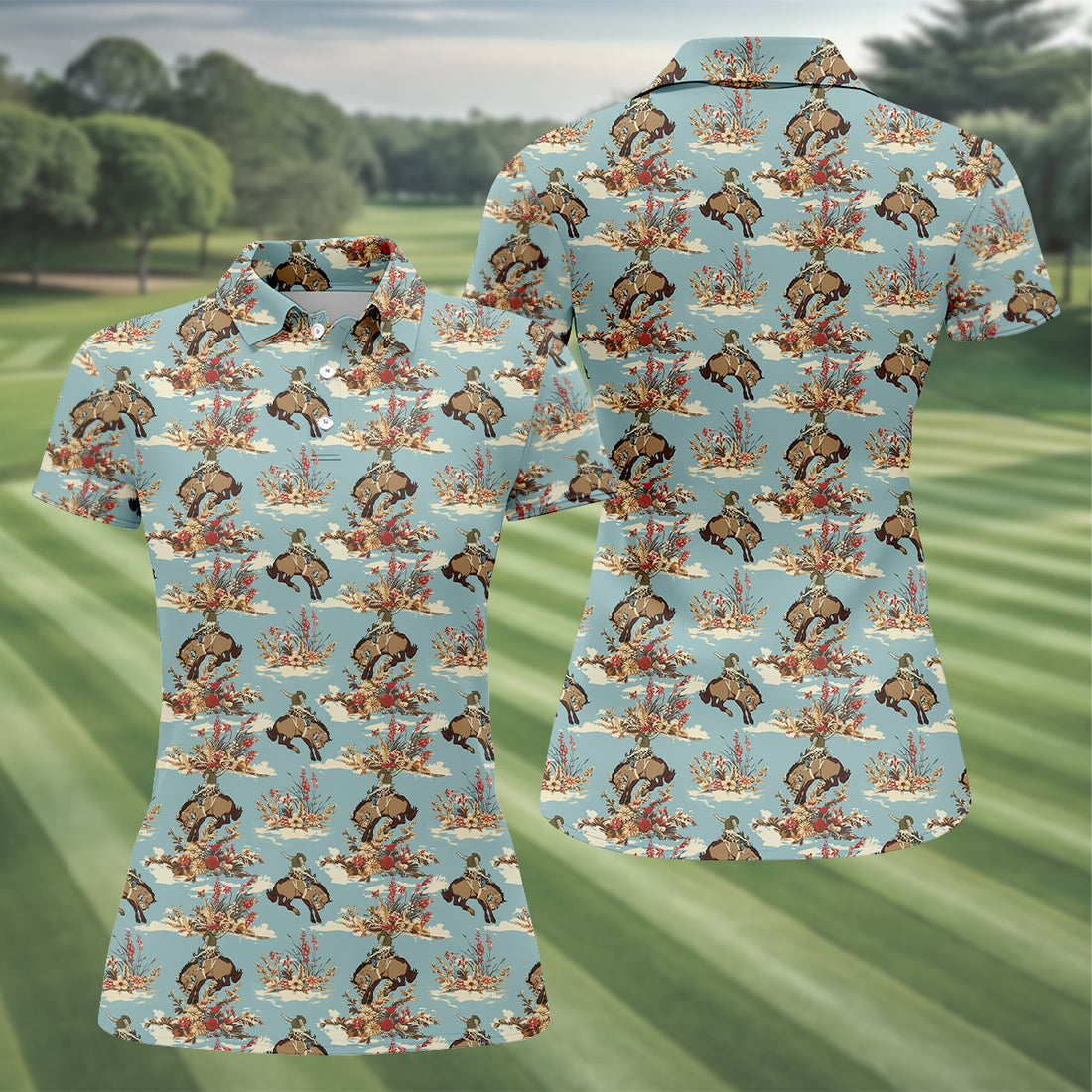 Cowboy Pattern Vintage Blue Golf Shirt, Womens Golf Shirts, Ladies Golf Shirts, Golfing Apparel