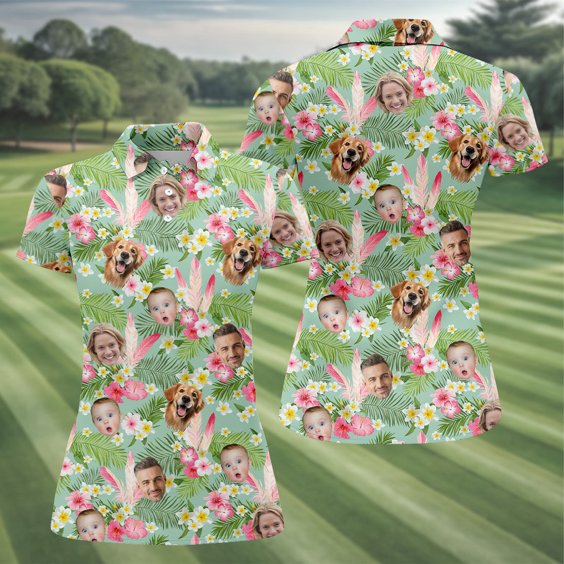 Hibiscus Hawaiian Shirt, Green Hawaiian Shirt, Custom Face Shirt, Womens Long Sleeve Golf Shirts, Ladies Golf Shirts