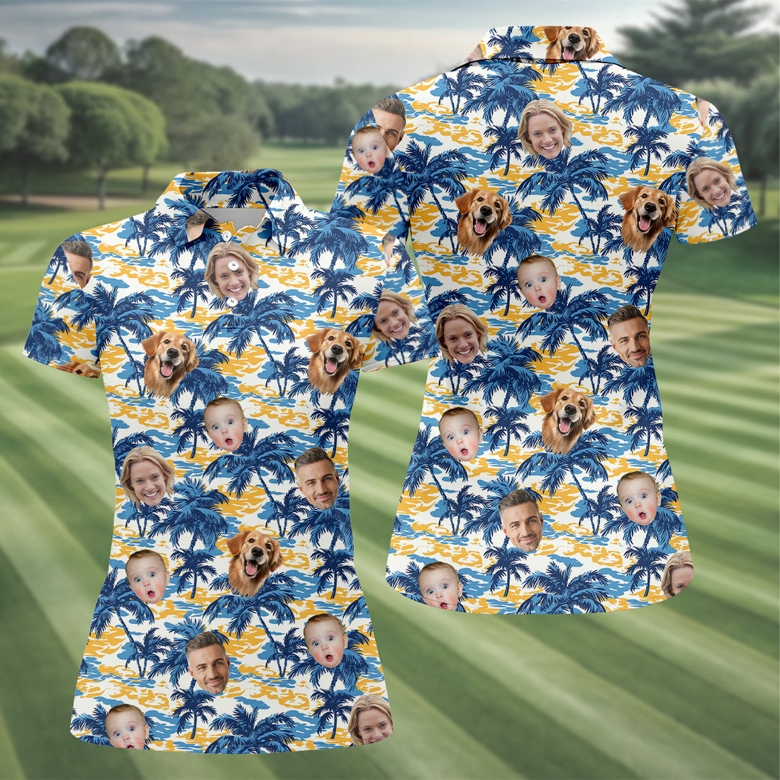 Blue Hawaiian Shirt, Custom Face Shirt, Blue Sunset, Hawaiian Golf Shirt, Tropical Beach, Ladies Golf Shirts