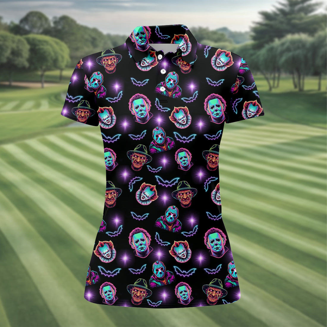 Funny Horror Character Women Golf Shirt, Horror Character Neon Shirt, Halloween Golf Shirt, Ladies Golf Shirt