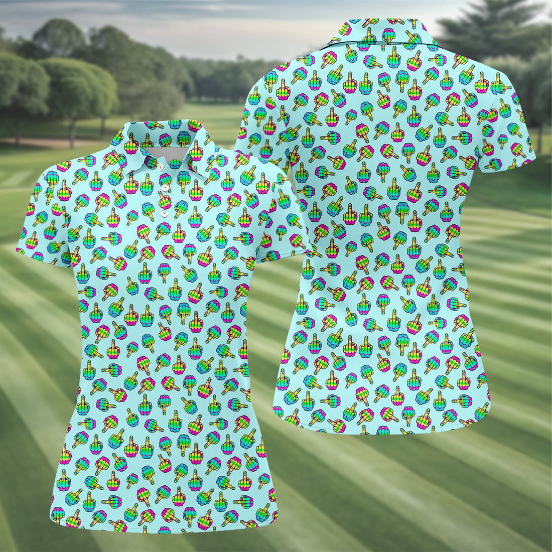 Neon Middle Finger Fun Womens Golf Shirts, Unique Gift For Golfer, Ladies Golf Polos, Women's Polo Shirt