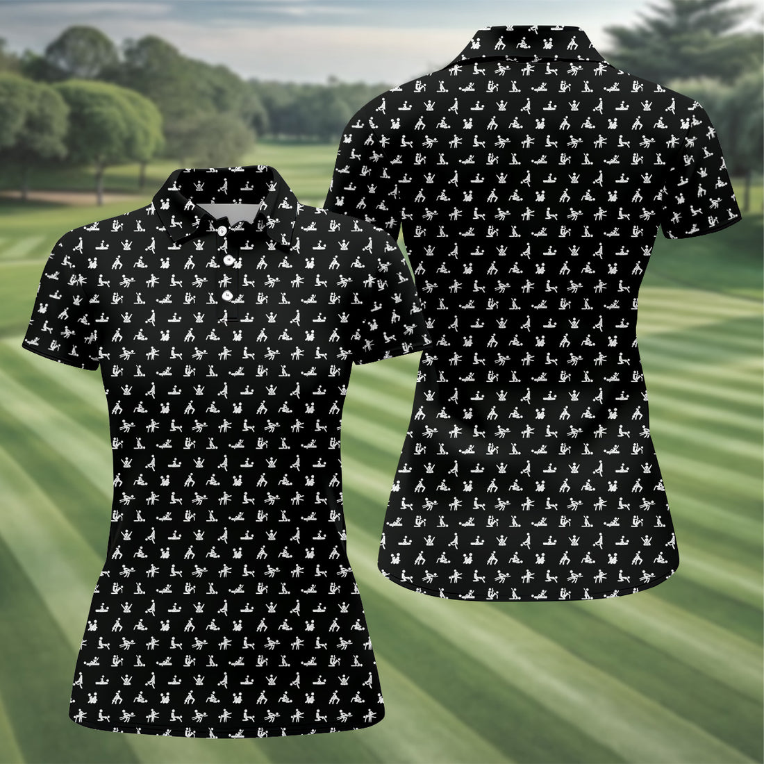 Funny Stick Figure Black And White Golf Polo Shirt, Funny Position Golf Shirt, Fun Womens Golf Shirts, Ladies Golf Shirt
