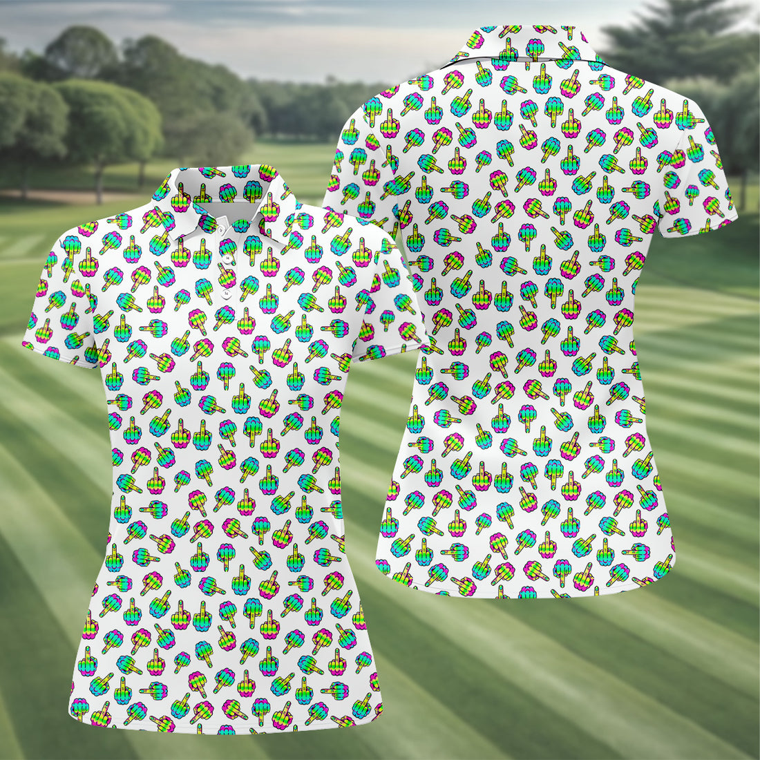 Neon Middle Finger White Golf Polo, Funny Golf Shirt, Unique Gift For Golfer, Ladies Golf Polos