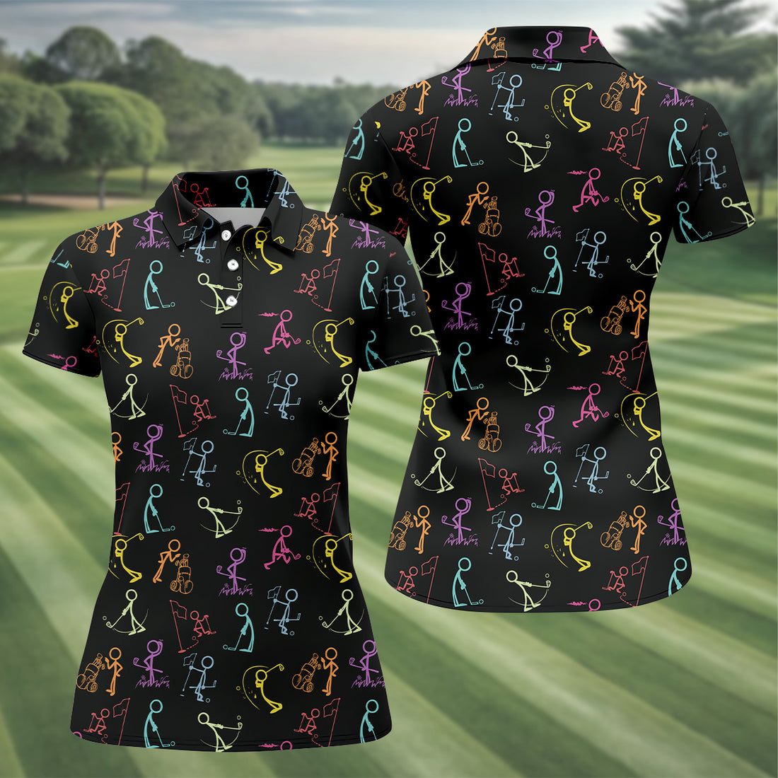 Funny Stickman Golfer Pose Black Golf Shirt, Unique Gift For Golfer, Ladies Golf Polos, Women's Polo Shirt