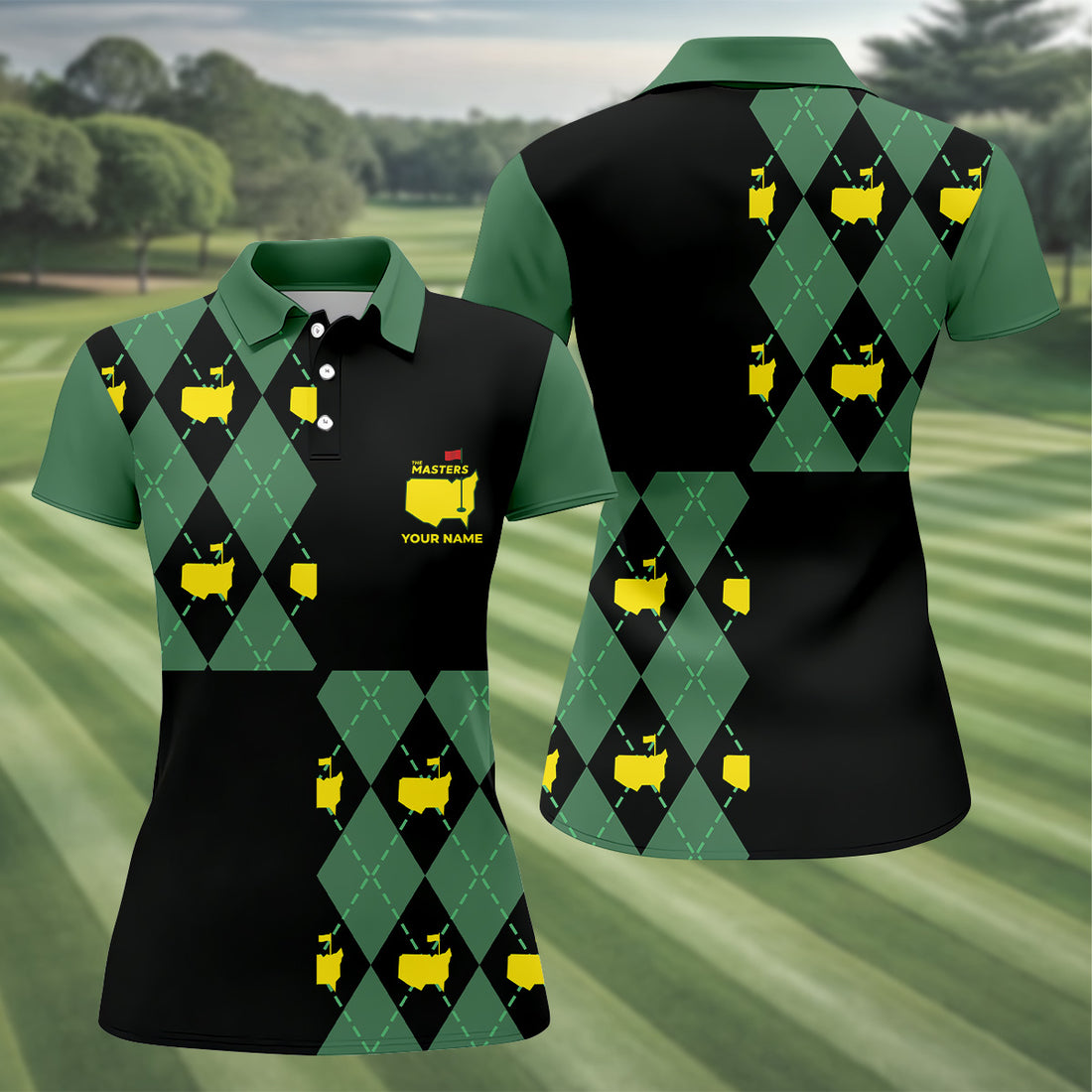 Green and Black Argyle Golf Shirt, Women Golf Top, Ladies Sleeveless Polo, Women's Polo Shirt
