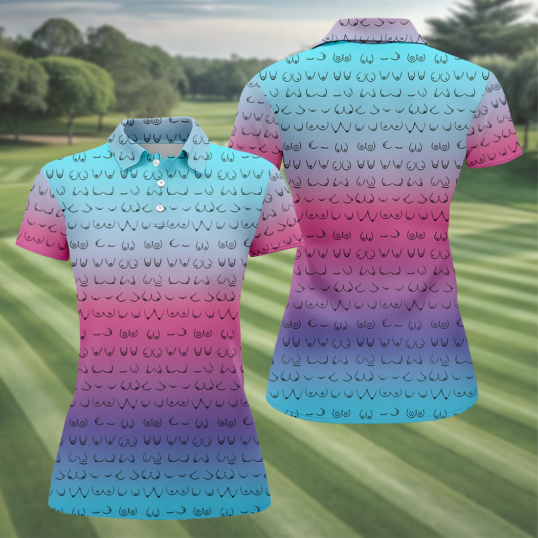 Blue Pink Ombre Boobs Golf Shirt, Fun Womens Golf Shirts, Womens Golf Tops, Ladies Golf Shirts