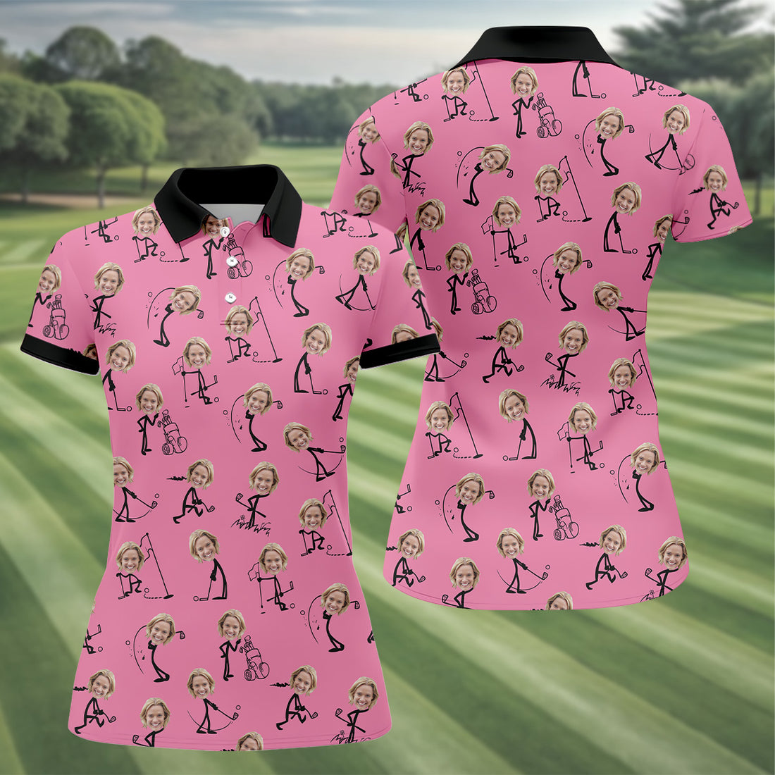 Funny Stickman Pink Custom Face Golf Shirt, Ladies Sleeveless Polo, Women's Polo Shirt