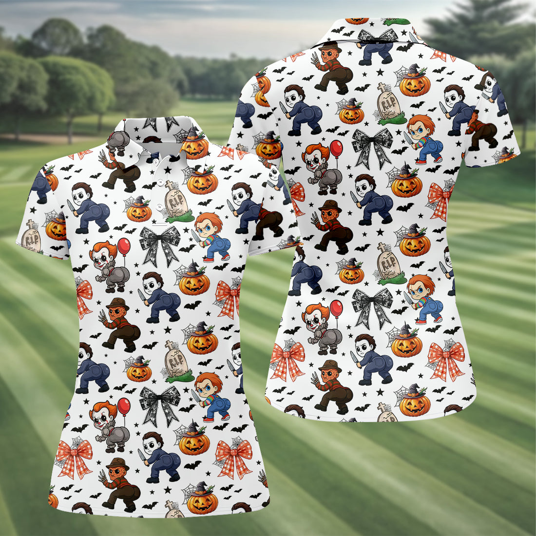 Funny Horror Character Women Golf Shirt, Horror Movie Halloween Shirt, Halloween Golf Shirt, Ladies Golf Shirt