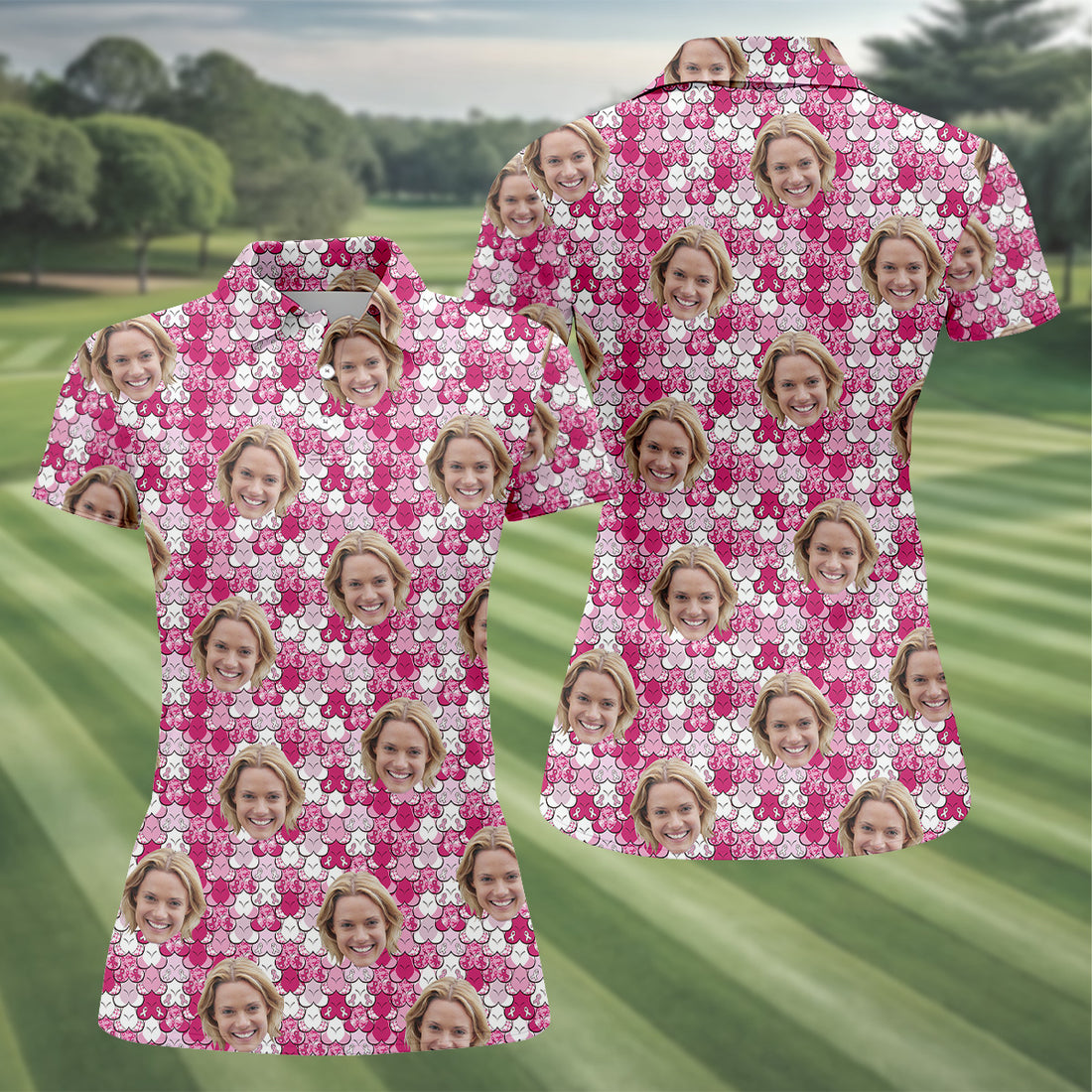 Custom Face Breast Cancer Golf Shirt, Women Golf Top, Ladies Golf Polos, Breast Cancer Awareness Shirt