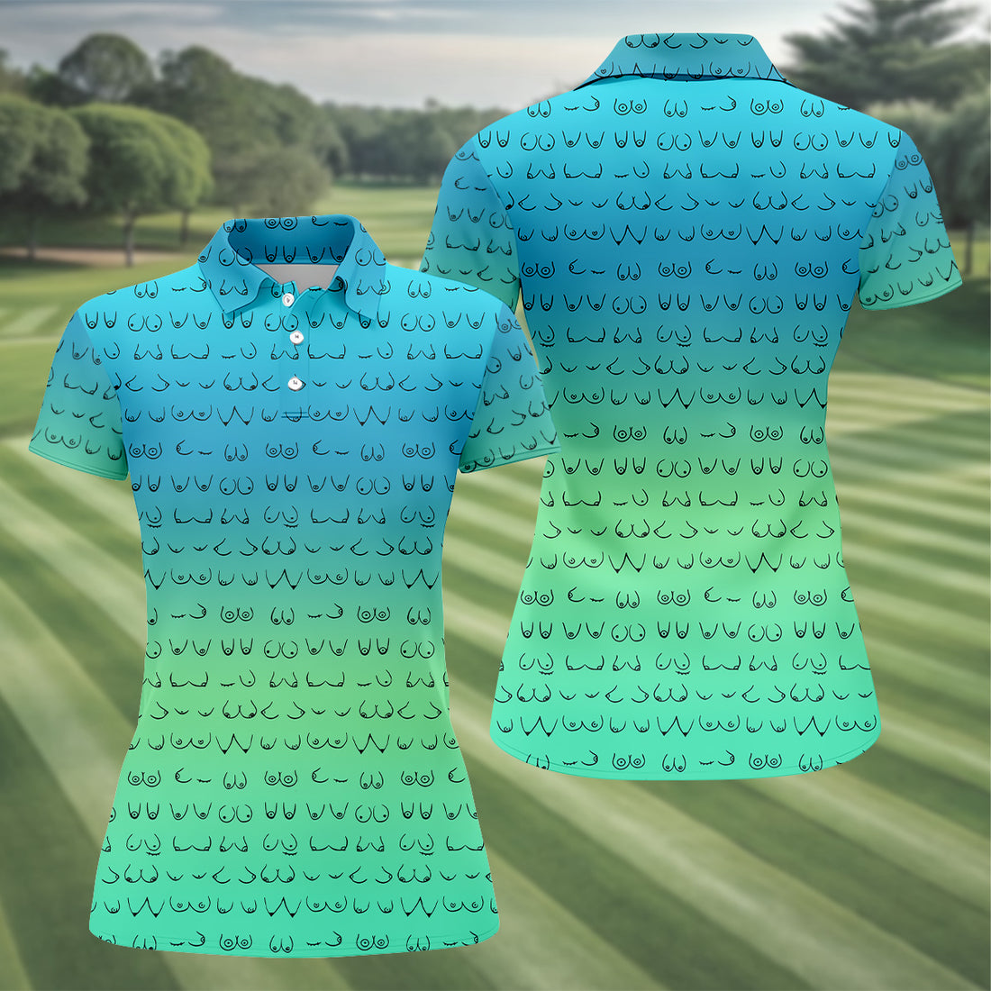 Blue Ombre Boobs Golf Shirt, Fun Womens Golf Shirts, Womens Golf Tops, Ladies Golf Polos