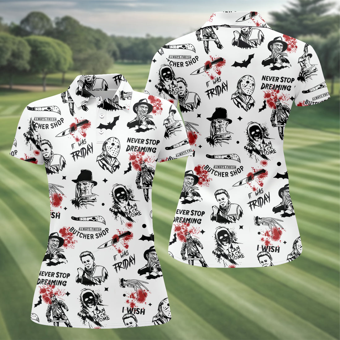 Horror Halloween Character White Golf Shirt, Ladies Golf Tops, Women's Polo Shirt