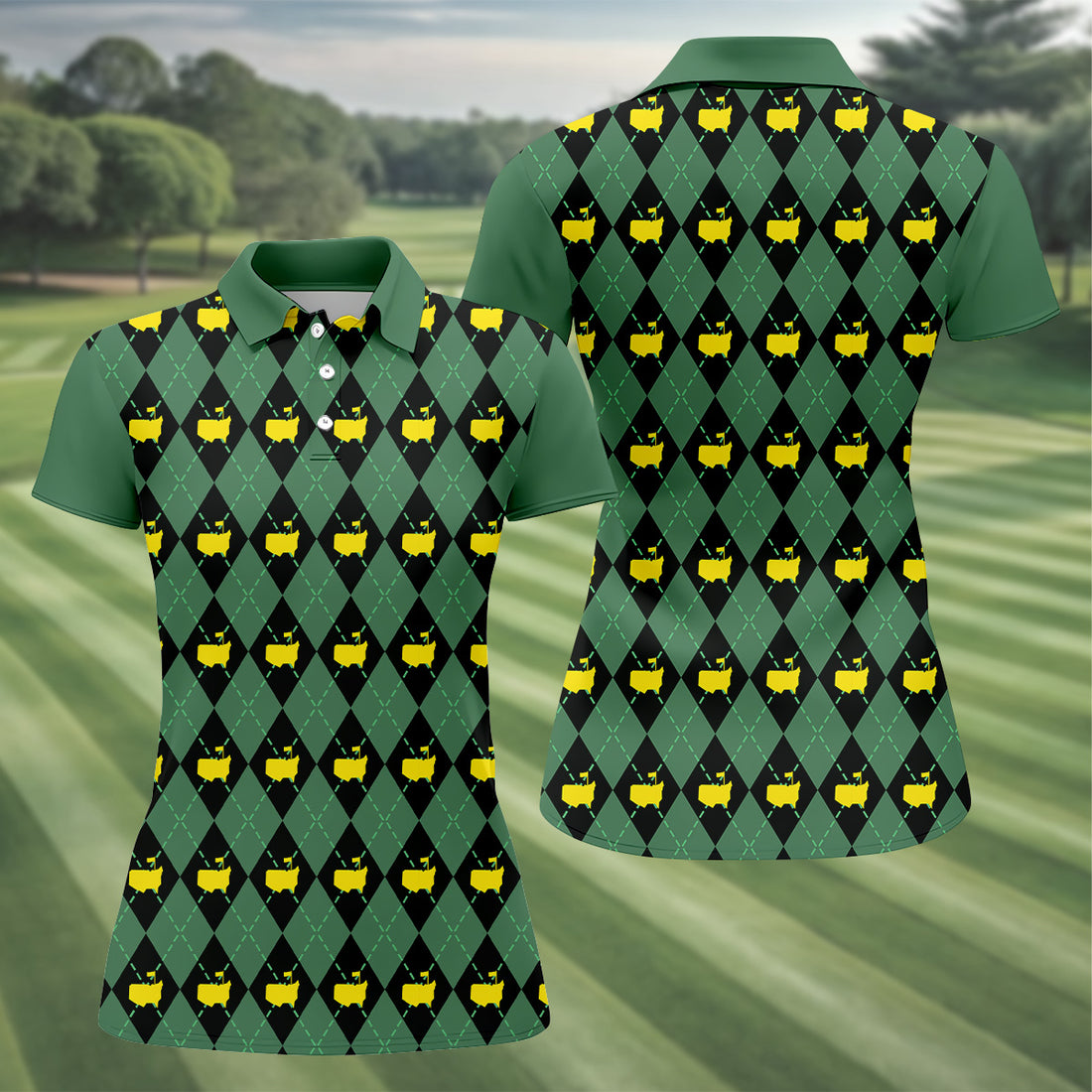 Green and Black Classic Argyle Women Golf Top, Ladies Sleeveless Polo, Women's Polo Shirt