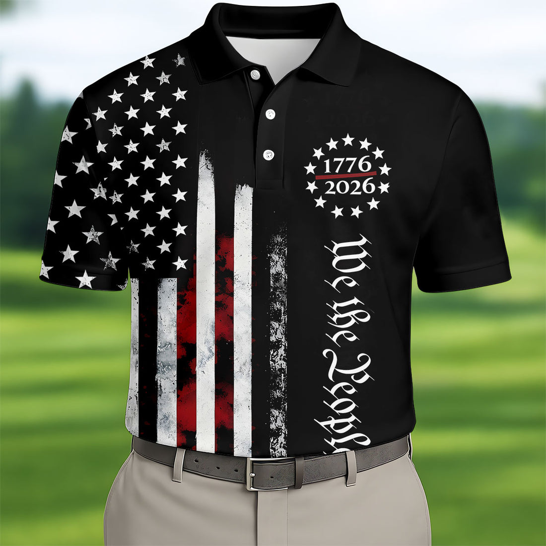 We The People Distressed Flag Patriotic Black Golf Shirt, 250 Years 4th Of July Golf Shirts For Men
