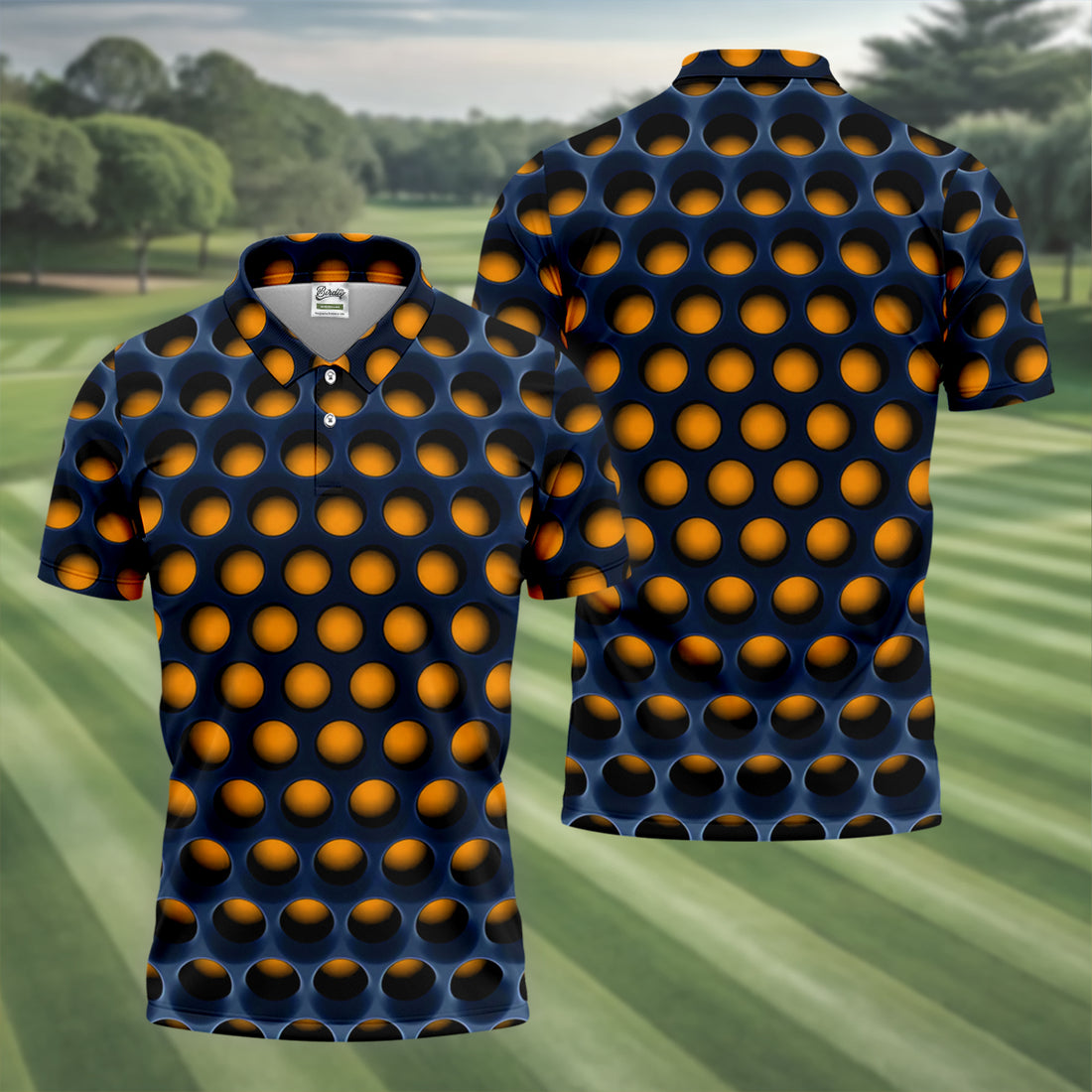 3D Effect Circular Pattern Orange Golf Shirt, Cool Golf Outfit, Men's Funny Golf Shirts, Polo Shirts For Men