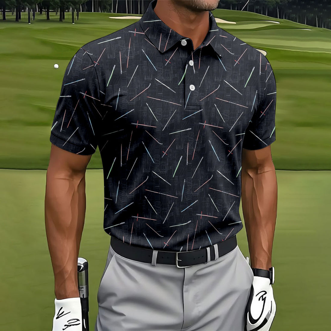 Minimalist Neon Lightsaber Pattern Golf Shirt, Mens Polo Shirts, Golf Shirts For Men