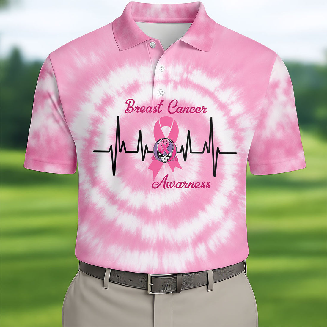 Hope For A Cure Tie Dye Skull Breast Cancer Polo Shirt, Mens Golf Polo, Printed Golf Shirts