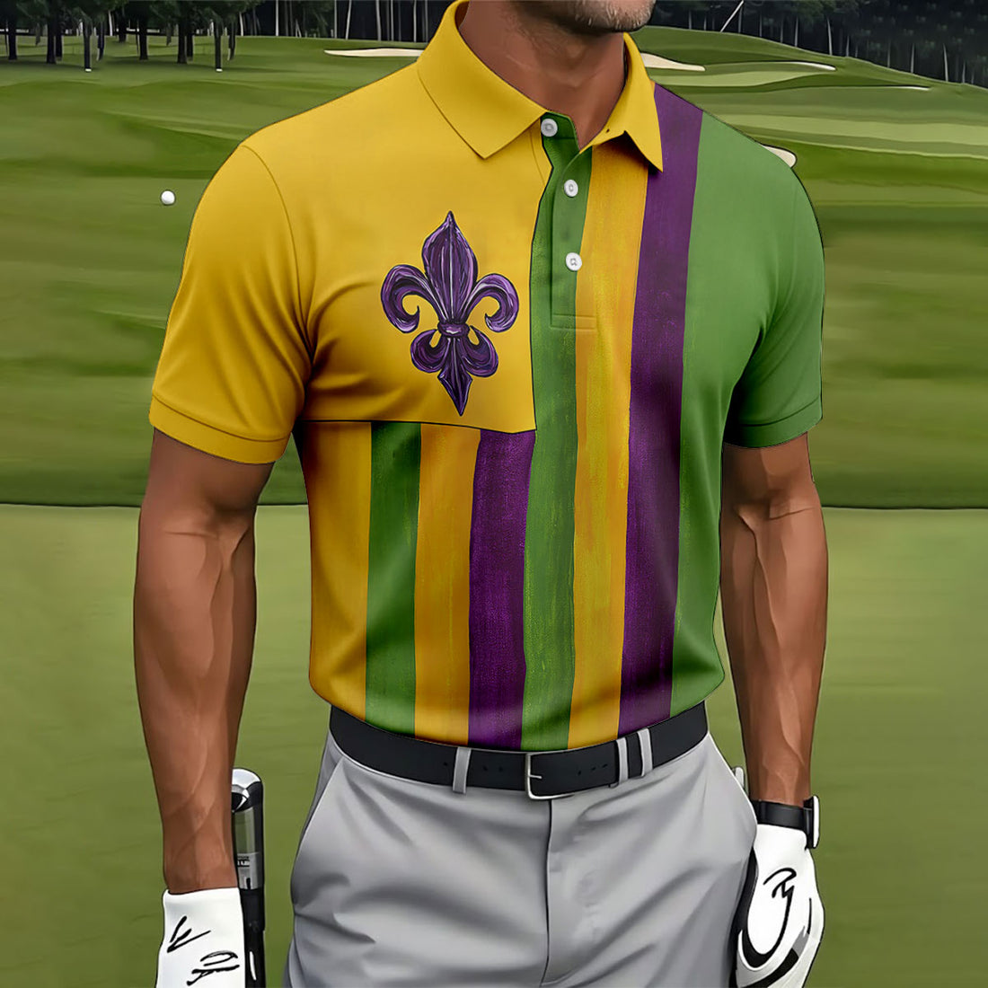 Purple Green Gold Vertical Stripes Fleur De Lis Flower Mardi Gras Golf Shirt, Polo Shirts For Men, Golf Shirts For Men