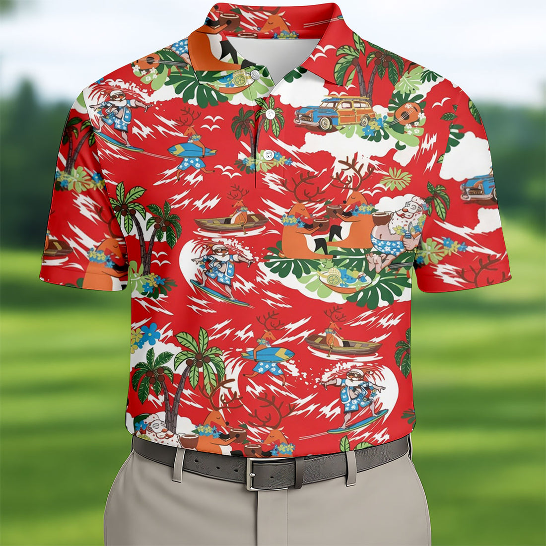 Men's Funny Tropical Santa Surfing Golf Shirt, Christmas Golf Shirt, Printed Golf Shirts