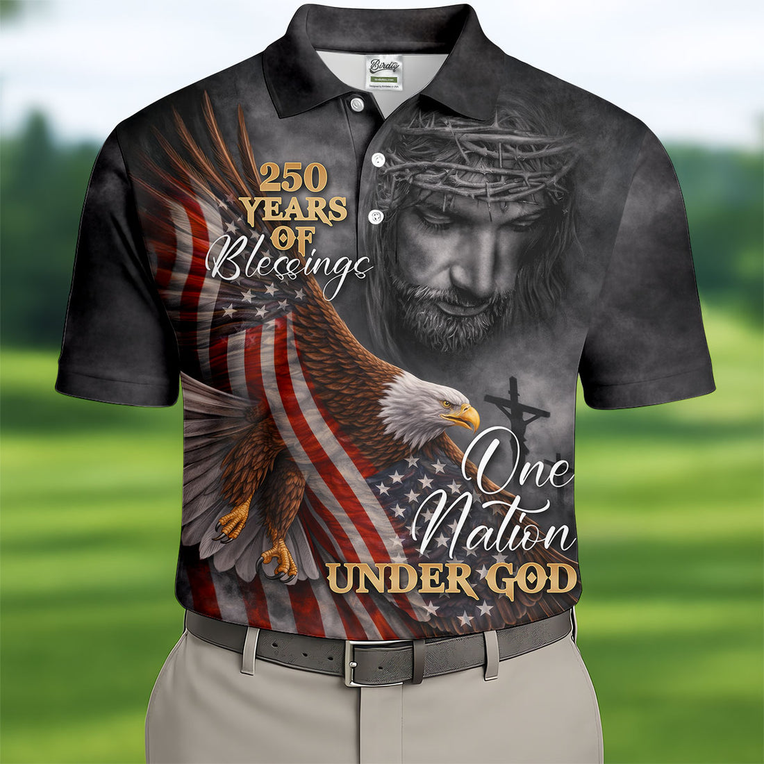 One Nation Under God Golf Shirt, Patriotic Christian Eagle Men's Polo Shirt, 250 Years Of Blessing USA Anniversary Apparel