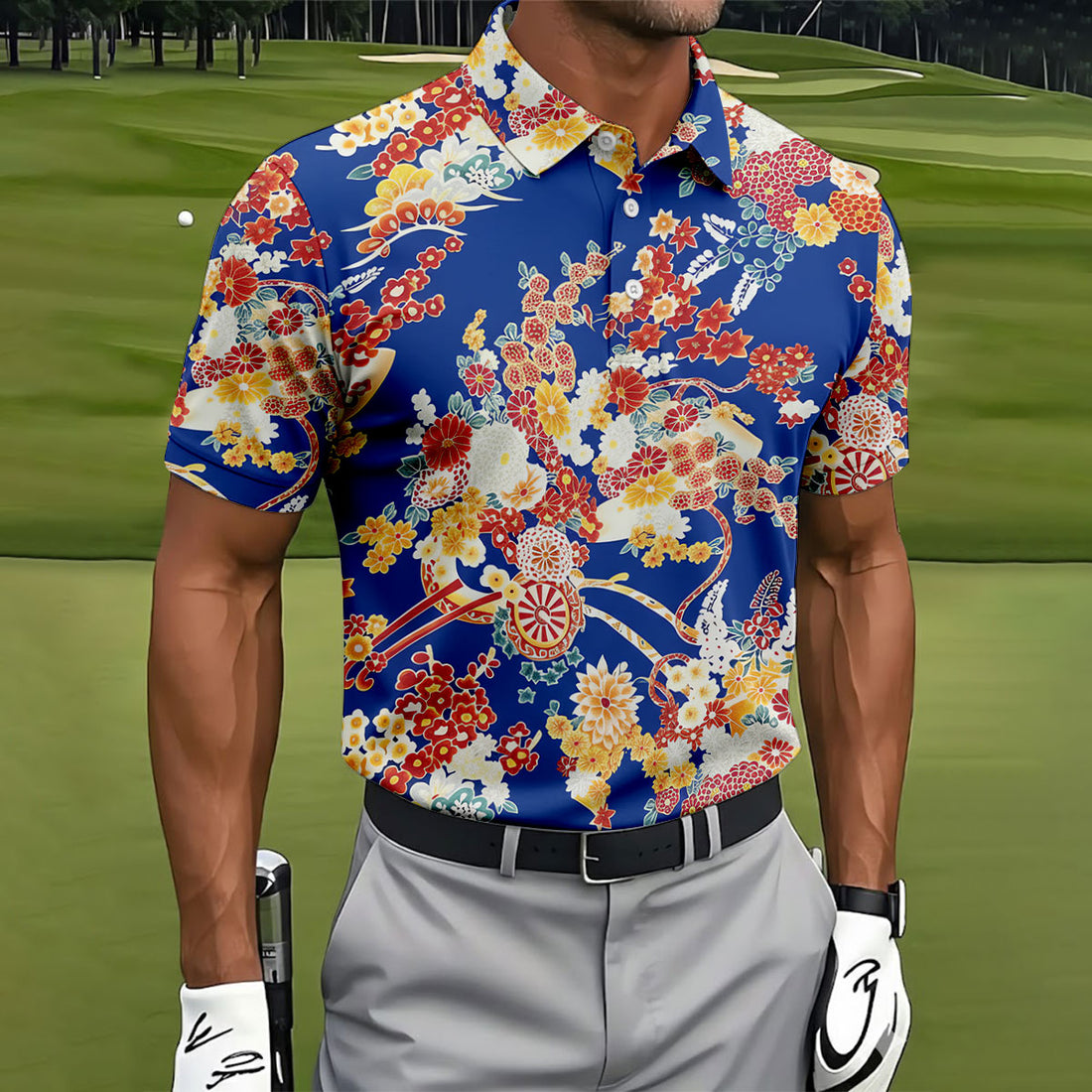 Royal Blue Japanese Floral Pattern Golf Shirt, Mens Golf Apparel, Printed Golf Shirts