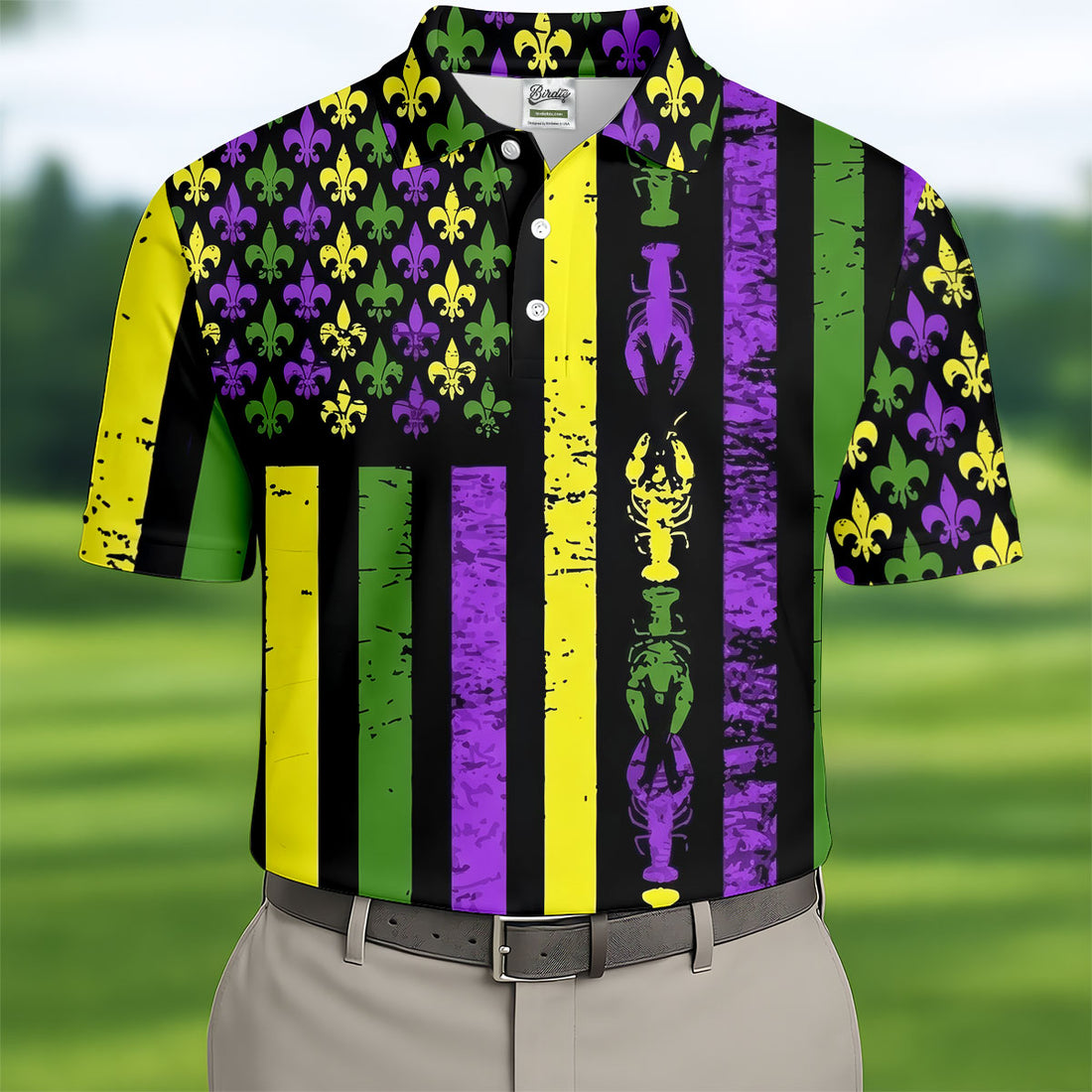 Mardi Gras Flag Fleur-De-Lis Symbol Crawfish Pattern Golf Tops For Men, Polo Shirts For Men, Golf Shirts For Men