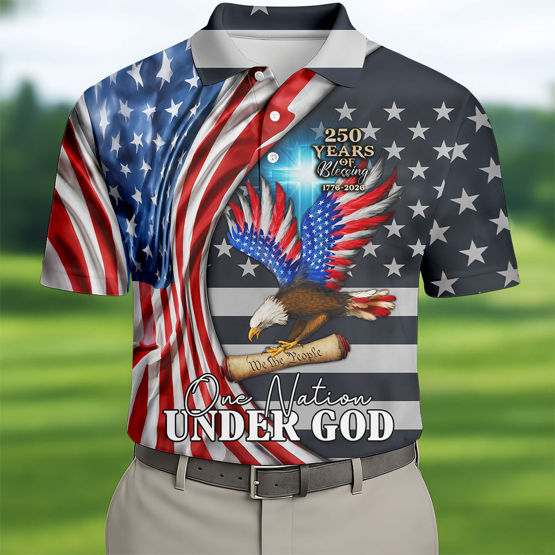 One Nation Under God 250 Years Of Blessing Golf Tops For Men, Patriotic Father's Day Golf Shirt