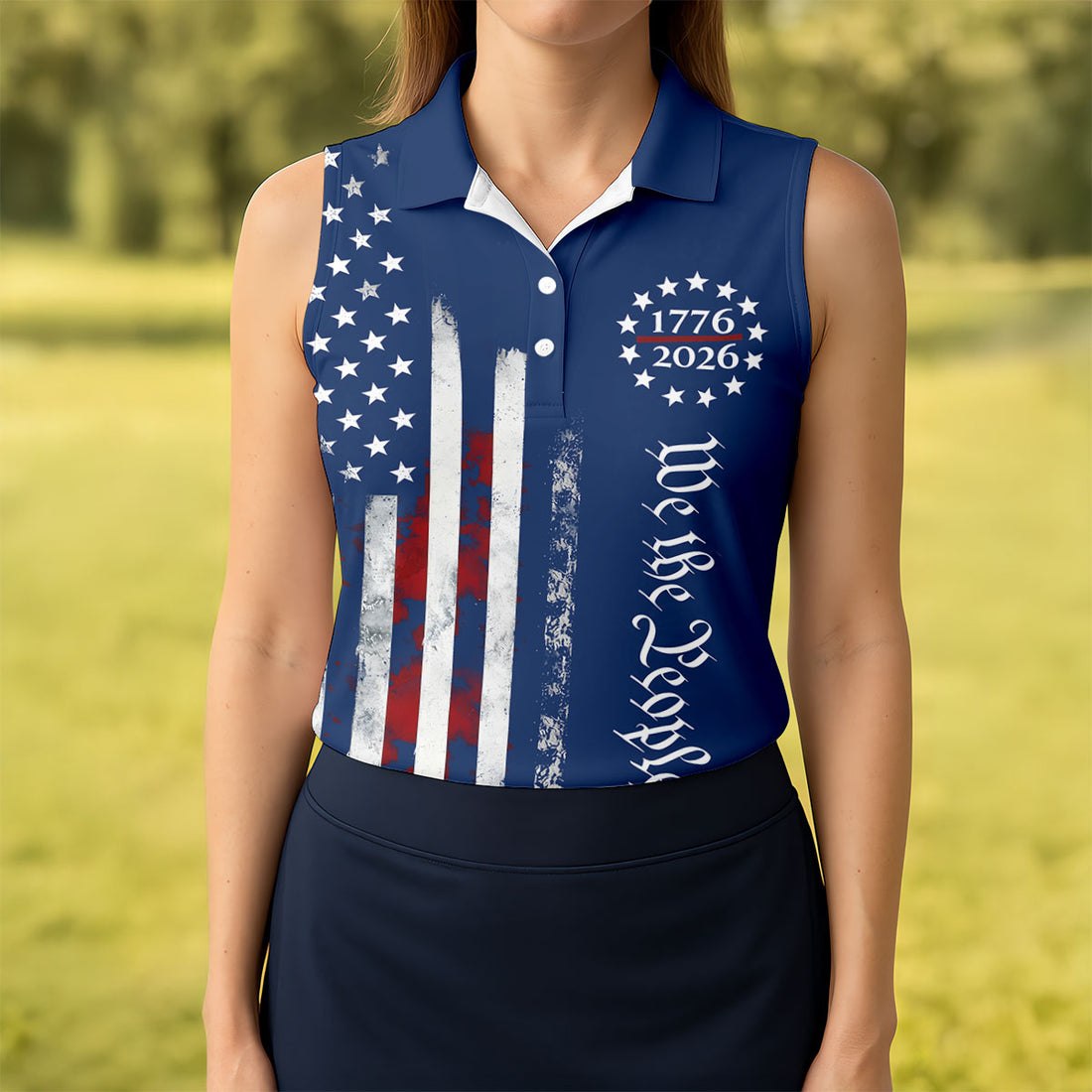 We The People Distressed Flag Patriotic Blue Golf Shirt, 250 Years 4th Of July Golf Shirt For Women