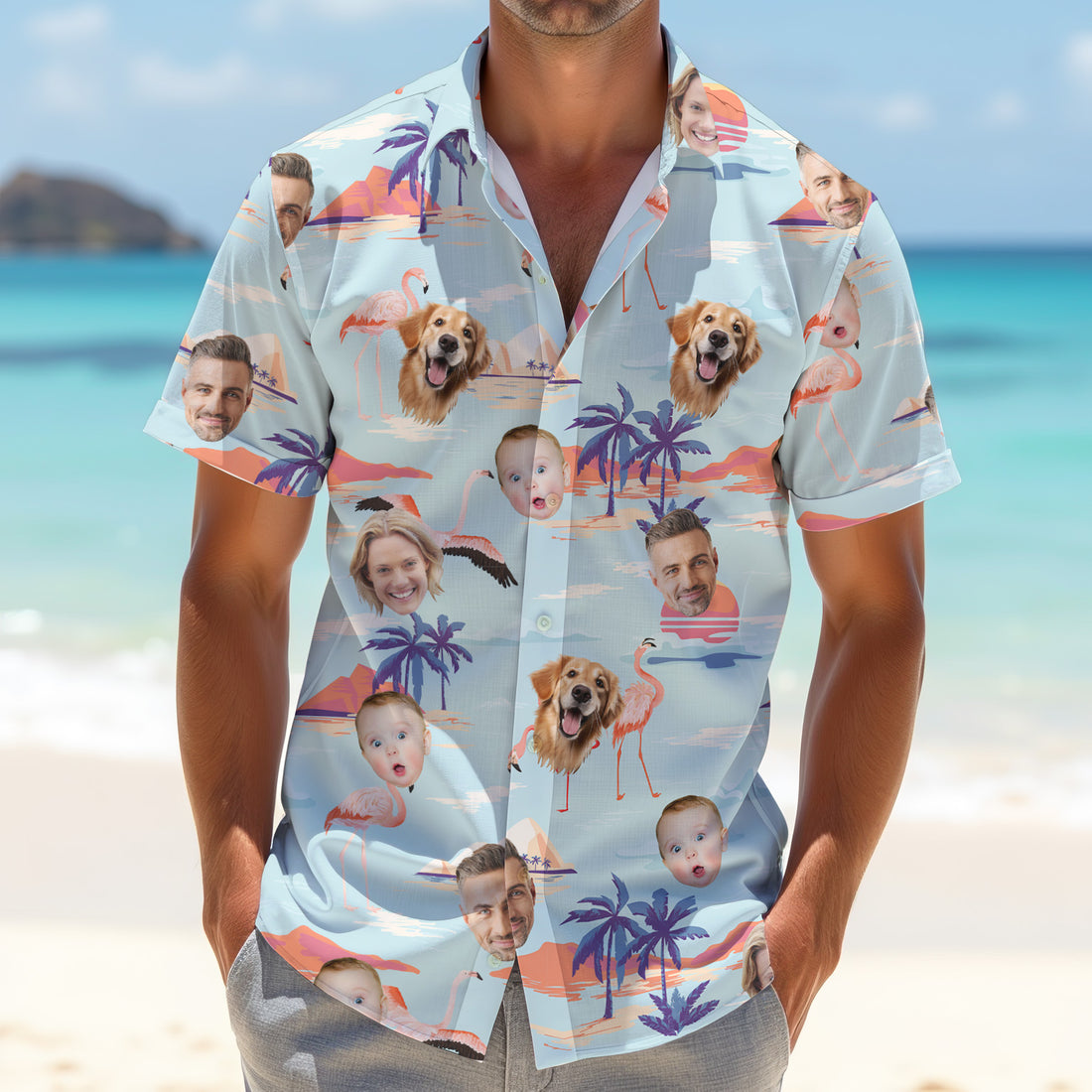 Pink Flamingo Hawaiian Shirt, Men Palm Tree Shirt, Custom Face Shirt, Matching Hawaiian Outfits, Best Golf Gifts For Men