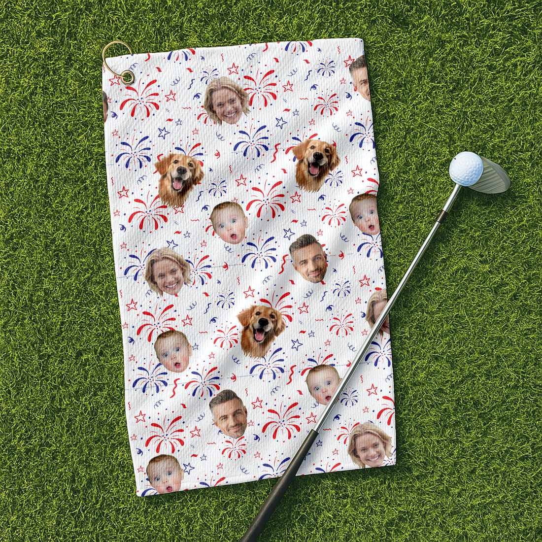 Custom Face Towel, 4th Of July Custom Towel With Faces, Patriotic Golf Towel, USA Golf Fireworks Towel
