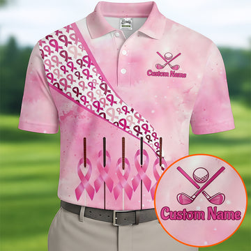 Custom Golf Club Breast Cancer Ribbon Polo Shirt, Mens Golf Shirts, Polo Shirts For Men