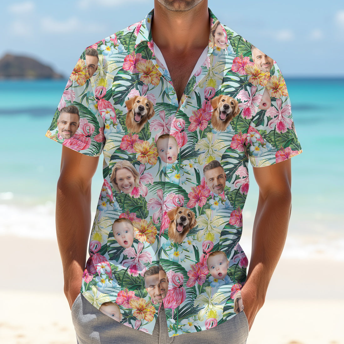 Pink Flamingo Hawaiian Shirt, Hibiscus Shirt, Custom Face Shirt, Matching Hawaiian Outfits, Mens Golf Polo Shirts