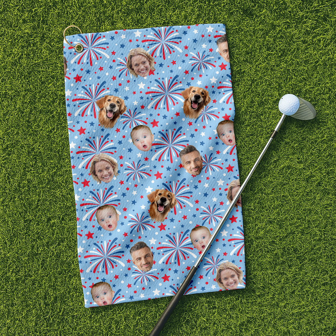 Custom Face Towel, Patriotic Golf Towel, USA Golf Fireworks Towel, 4th Of July Custom Towel With Faces