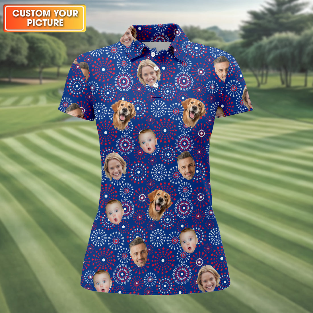 Custom Face Shirt, Ladies Golf Shirt, America Flag Golf Shirt For Ladies, Custom Family Golf Shirt, Family Portrait Golf Shirt