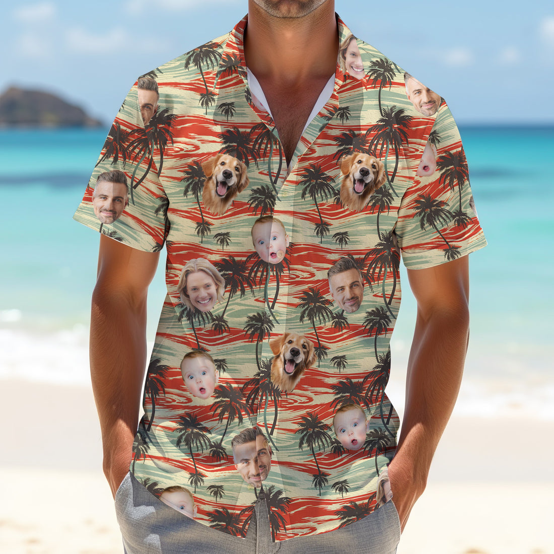 Men Palm Tree Shirt, Hawaiian Beach Shirt, Custom Face Shirt, Matching Hawaiian Outfits, Men Golf Polo